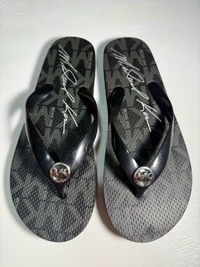 Michael Kors Black Logo Medallion Flip Flop Sandals